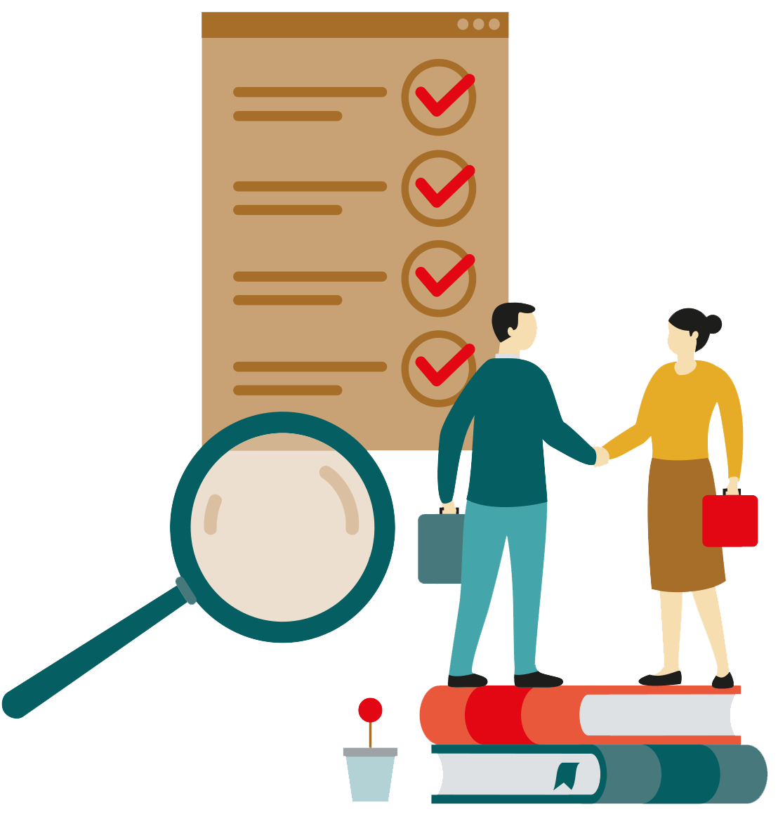 © Egger & Lerch/Shutterstock/Yelosmiley right: man and woman shaking hands, left: large magnifying glass and a checklist in the background